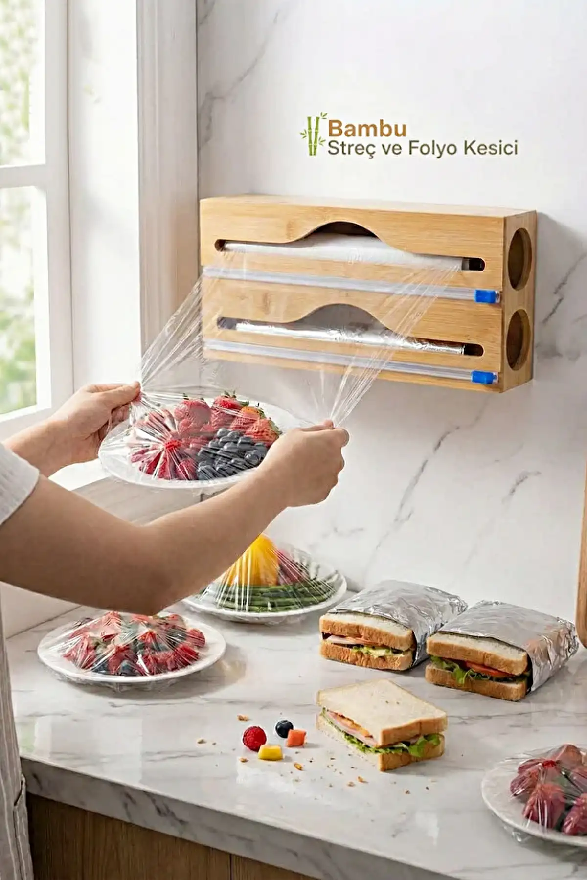 Bambu Streç Kesici 2 Bölmeli Kapaklı Streç Film Folyo Kutusu Mutfak Dolap İçi Organizer Düzenleyici