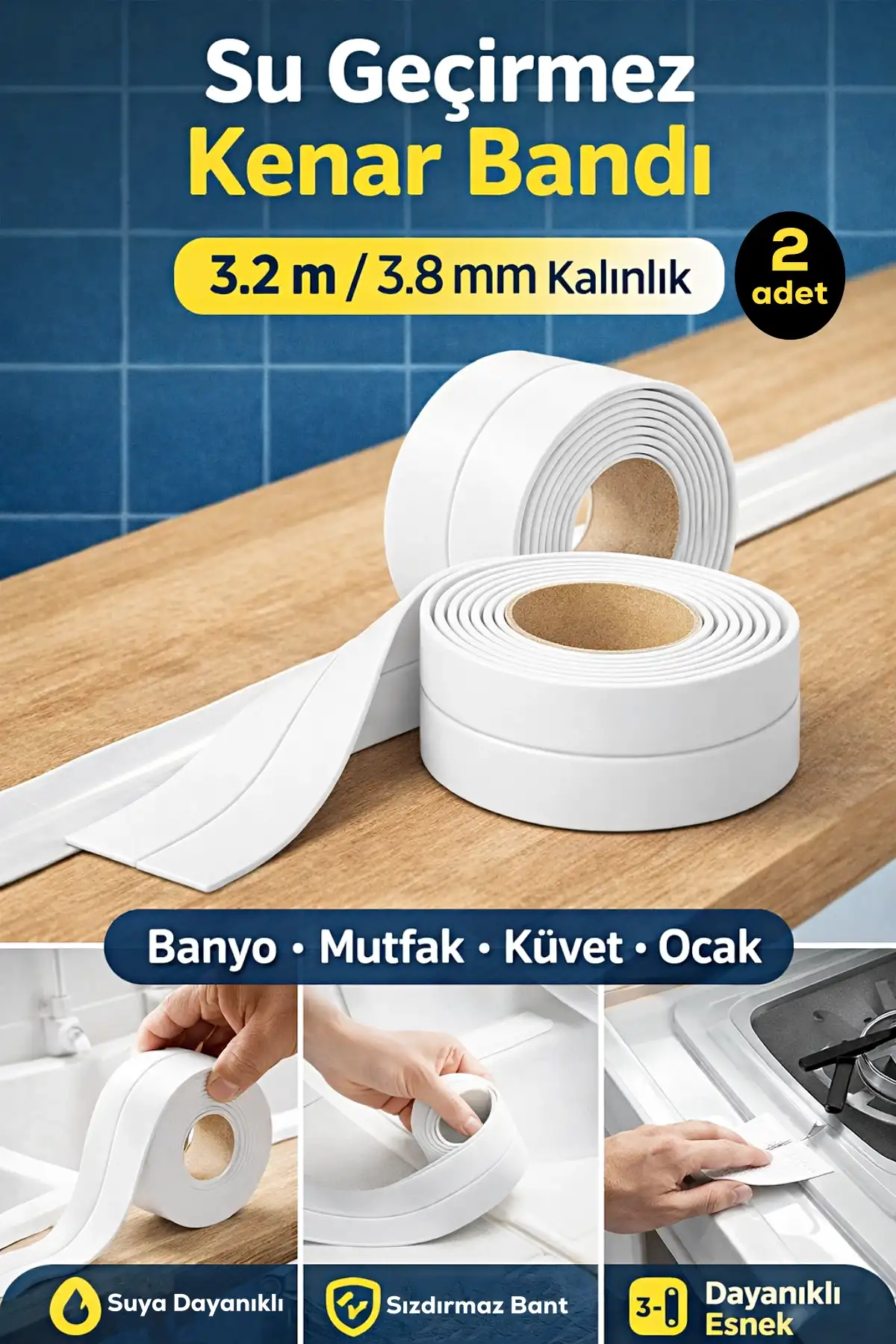 2li Su Geçirmez Kenar Bandı Banyo Küvet Mutfak Lavabo Ocak Kenarı Sızdırmaz Tamir Bandı 3.2mt 3.8mm