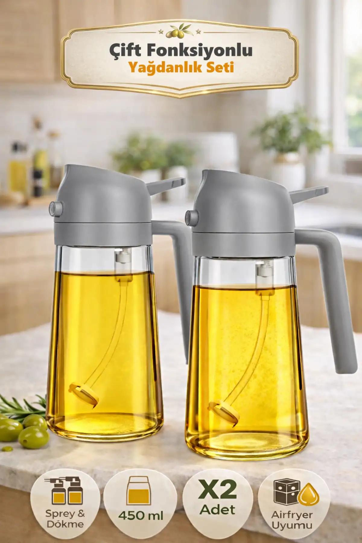 2 Adet Çift Fonksiyonlu Cam Yağdanlık 450ml Zeytinyağı Sıvıyağ Şişe Airfryer Sprey Yağlık Sirkelik