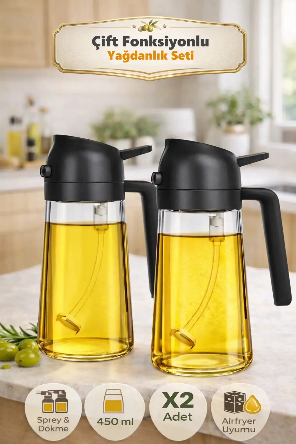 2 Adet Çift Fonksiyonlu Cam Yağdanlık 450ml Zeytinyağı Sıvıyağ Şişe Sprey Airfryer Yağlık Sirkelik