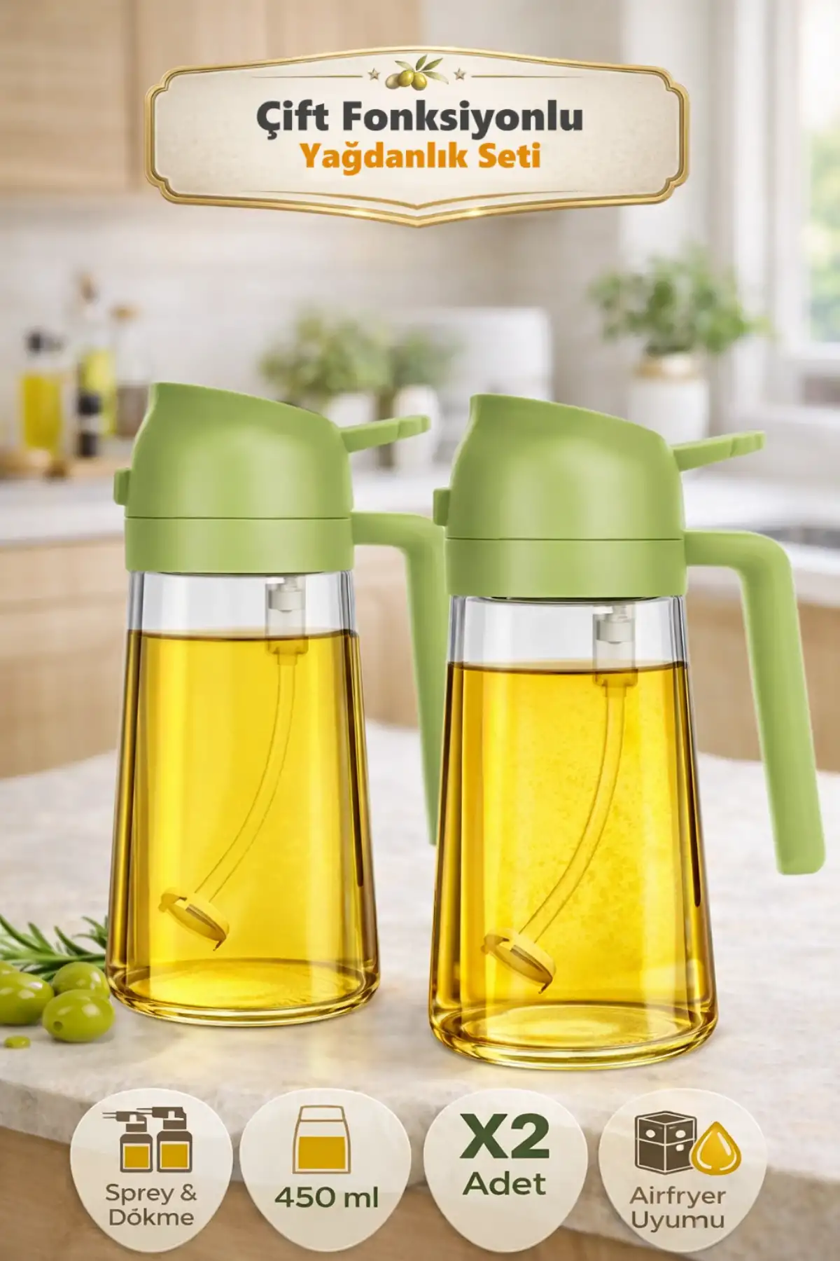 2 Adet Çift Fonksiyonlu Cam Yağdanlık 450ml Zeytinyağı Sıvıyağ Şişe Sprey Airfryer Yağlık Sirkelik