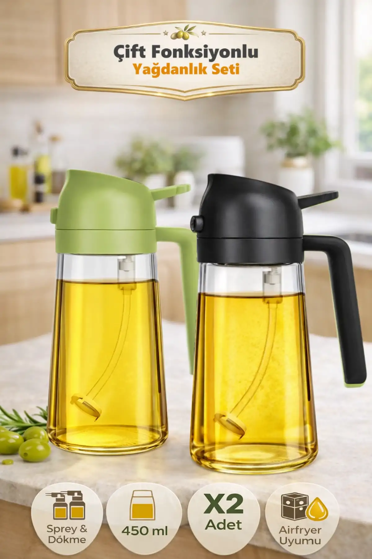 2 Adet Çift Fonksiyonlu Yağdanlık 450ml Zeytinyağı Sıvıyağ Cam Şişe Sprey Airfryer Yağlık Sirkelik