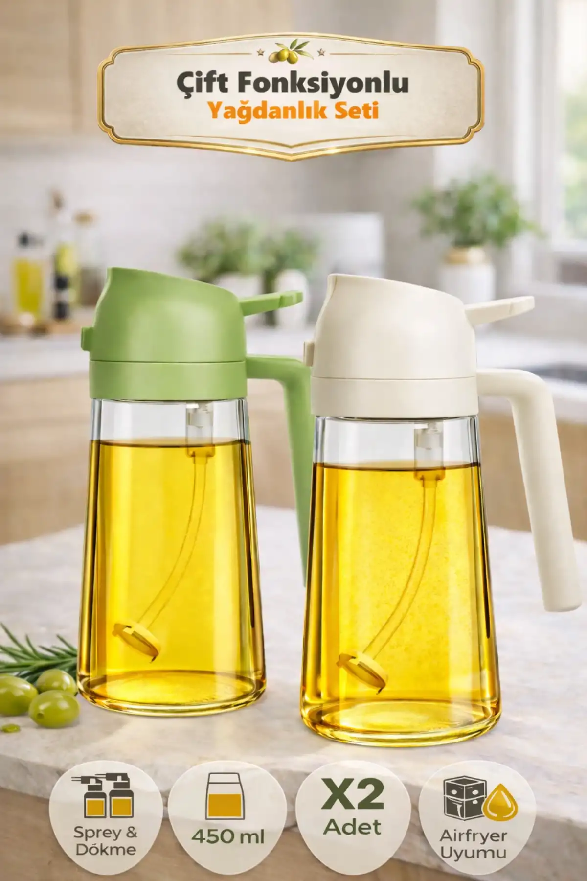 2 Adet Çift Fonksiyonlu Cam Yağdanlık 450ml Zeytinyağı Sıvıyağ Şişe Airfryer Sprey Yağlık Sirkelik
