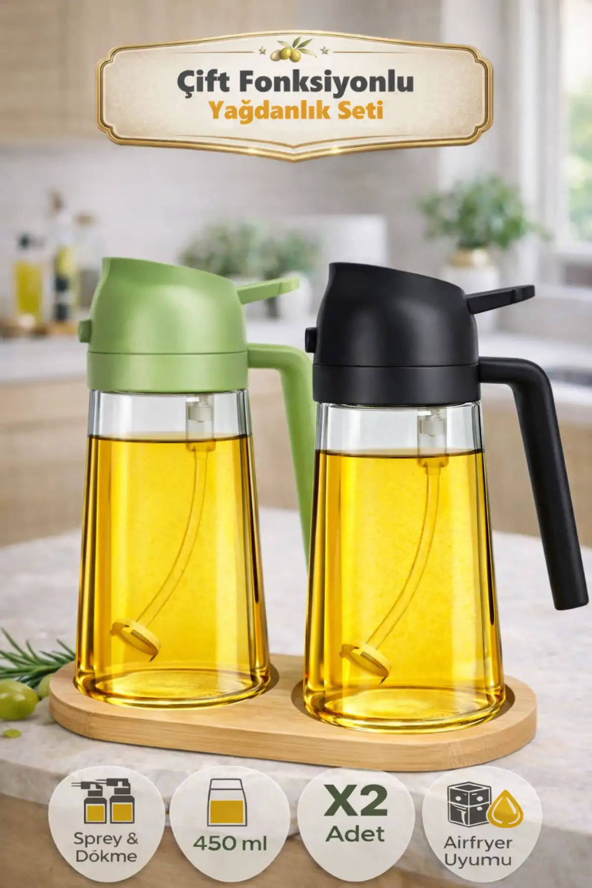 2li Bambu Stantlı Çift Fonksiyonlu Sprey Dökme Cam Yağdanlık 450ml Yağlık Sıvıyağ Şişesi Airfryer