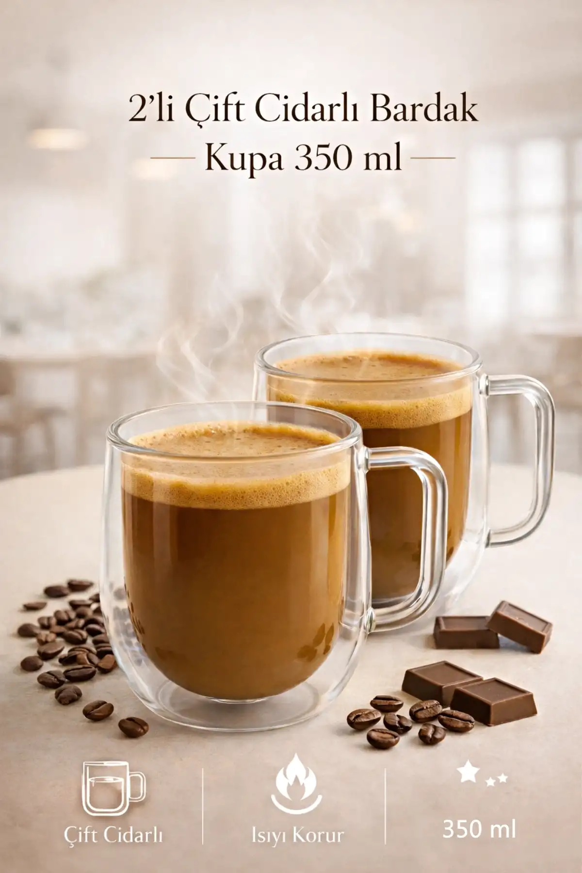 2’li Çift Cidarlı Cam Kupa 350 ml Isıyı Koruyan Şeffaf Espresso Kahve Çay Fincanı Kulplu Cam Bardak