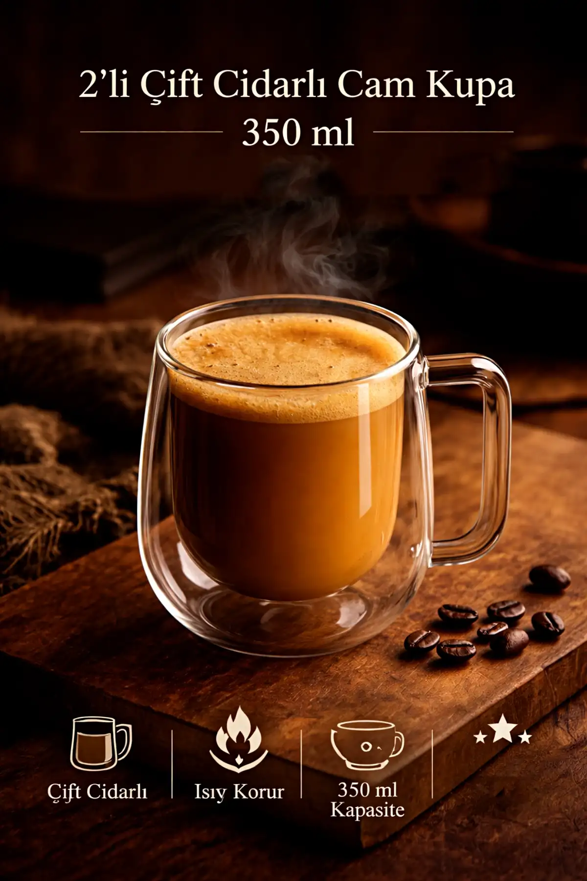 2’li Çift Cidarlı Cam Kupa 350 ml Isıyı Koruyan Şeffaf Espresso Kahve Çay Fincanı Kulplu Cam Bardak