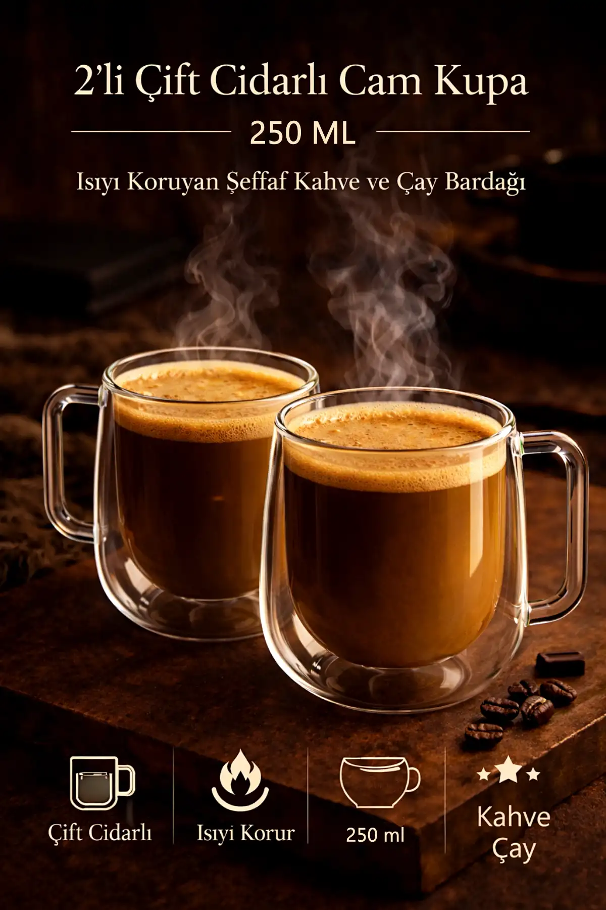 2’li Çift Cidarlı Cam Kupa 250 ml Isıyı Koruyan Şeffaf Kahve Çay Fincanı Kulplu Espresso Cam Bardak