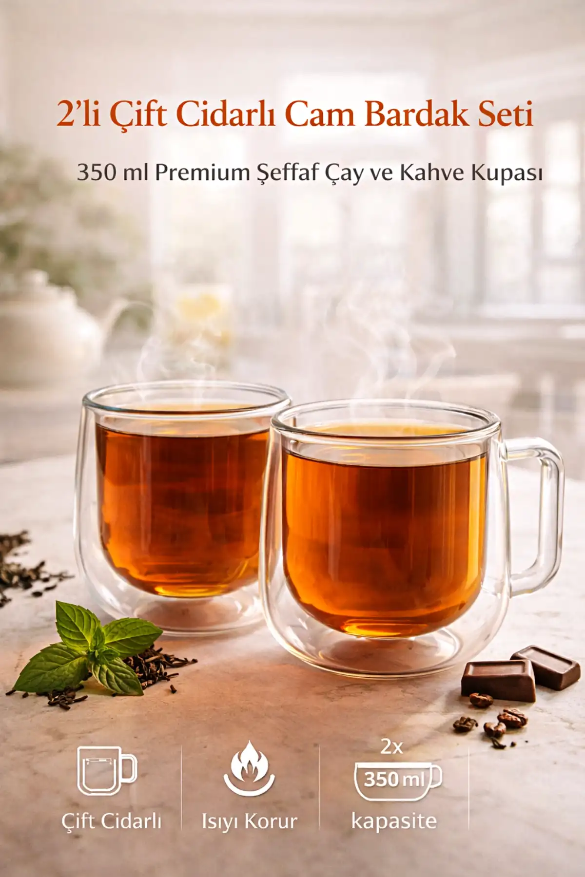 2’li Çift Cidarlı Cam Kupa 250 ml Isıyı Koruyan Kahve Çay Fincanı Kulplu Espresso Cam Bardak