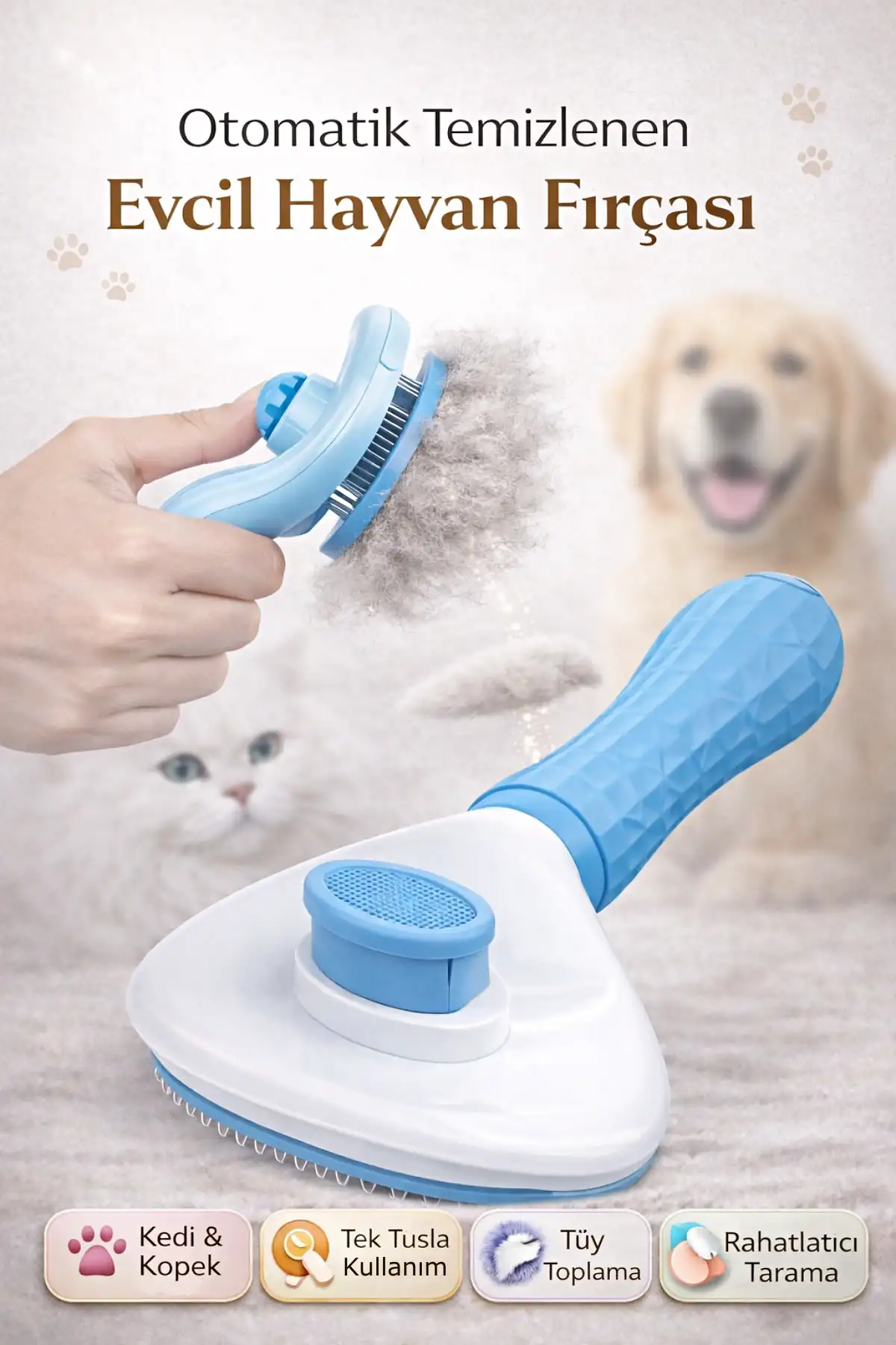 Kedi Fırça ve Tarağı Kıl Tüy Toplama Basmalı Tiftik Kedi Köpek Evcil Hayvan Temizleme Aleti Mavi