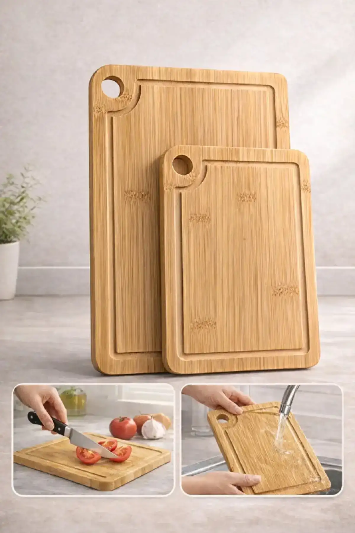 2li Bambu Kesim Tahtası Büyük Boy + Küçük Boy Peynir Sunum Tepsi Sebze Doğrama Kesme Panosu Seti