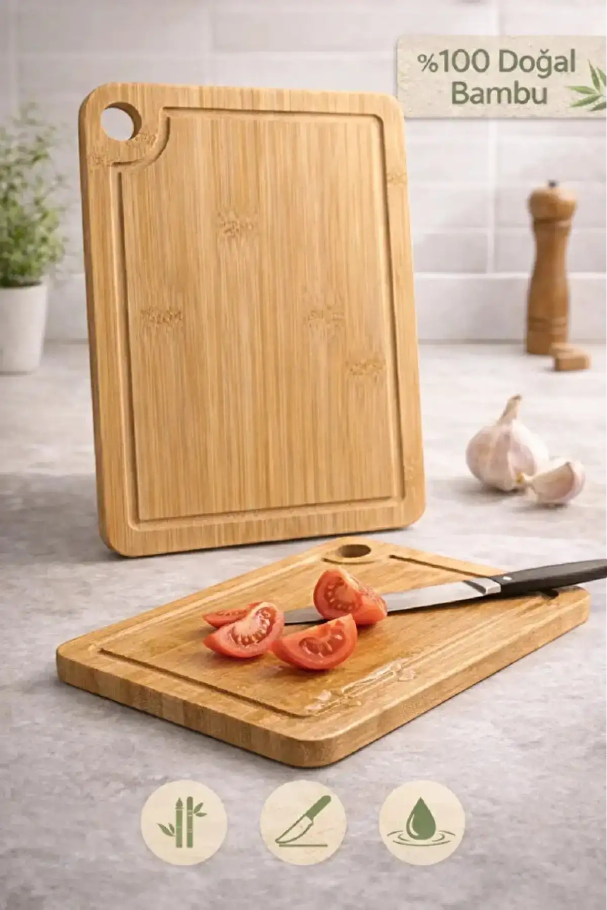2li Bambu Kesim Tahtası Büyük Boy + Küçük Boy Peynir Sunum Tepsi Sebze Doğrama Kesme Panosu Seti