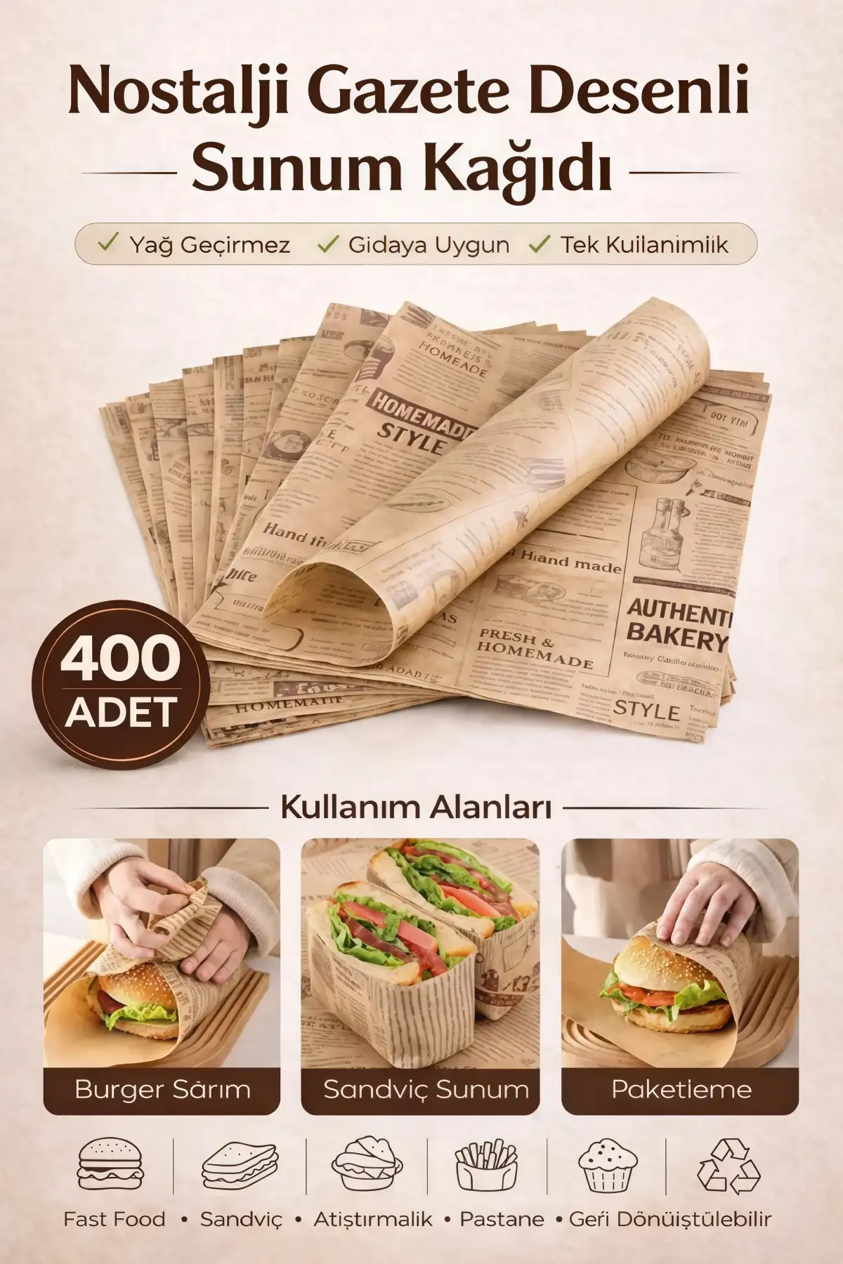 400lü Nostalji Desenli Kağıt Vintage Gazete Desen Aparatif Kağıdı Mutfak Sunum Breakfast Kağıdı