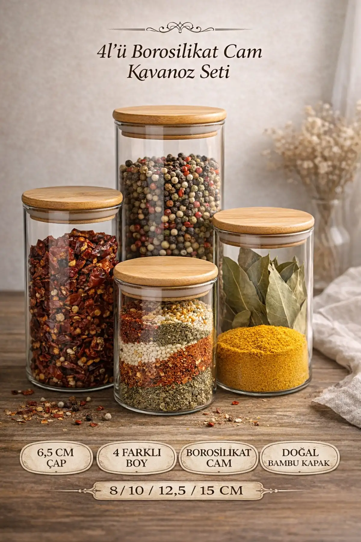 4lü Bambu Kapaklı Cam Baharatlık Kavanoz Vakumlu Baharatlık Saklama Kabı Mutfak Organizer Seti