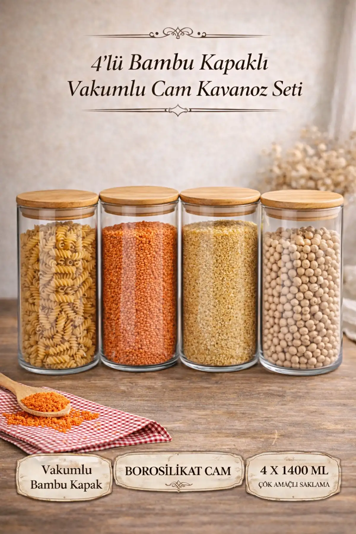 6lı Bakliyat Saklama Kabı Bambu Kapaklı Cam Kavanoz Vakumlu Baharatlık Mutfak Organizer Seti