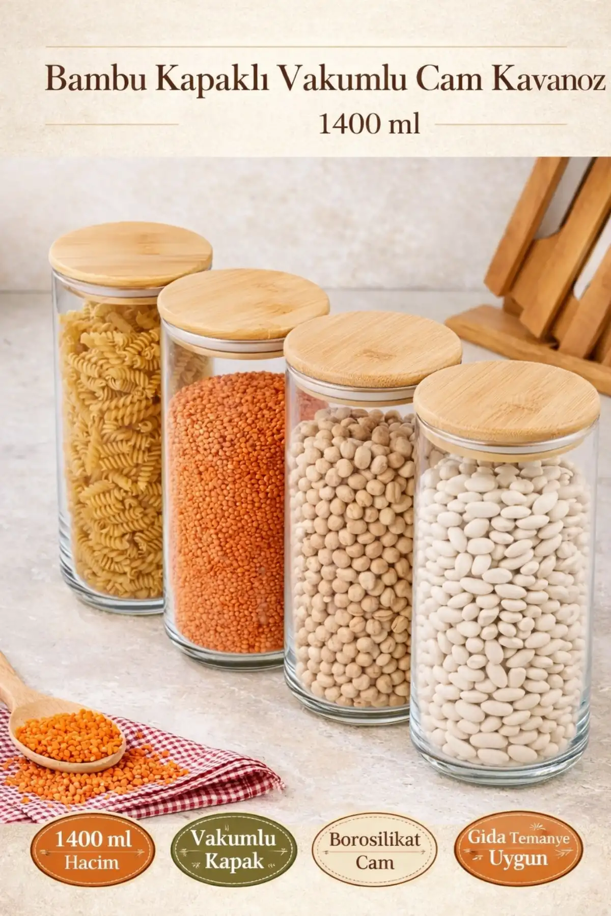 6lı Bakliyat Saklama Kabı Bambu Kapaklı Cam Kavanoz Vakumlu Baharatlık Mutfak Organizer Seti