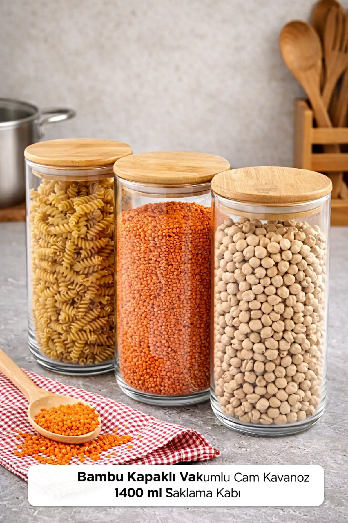 4lü Bakliyat Saklama Kabı Bambu Kapaklı Cam Kavanoz Vakumlu Baharatlık Mutfak Organizer Seti