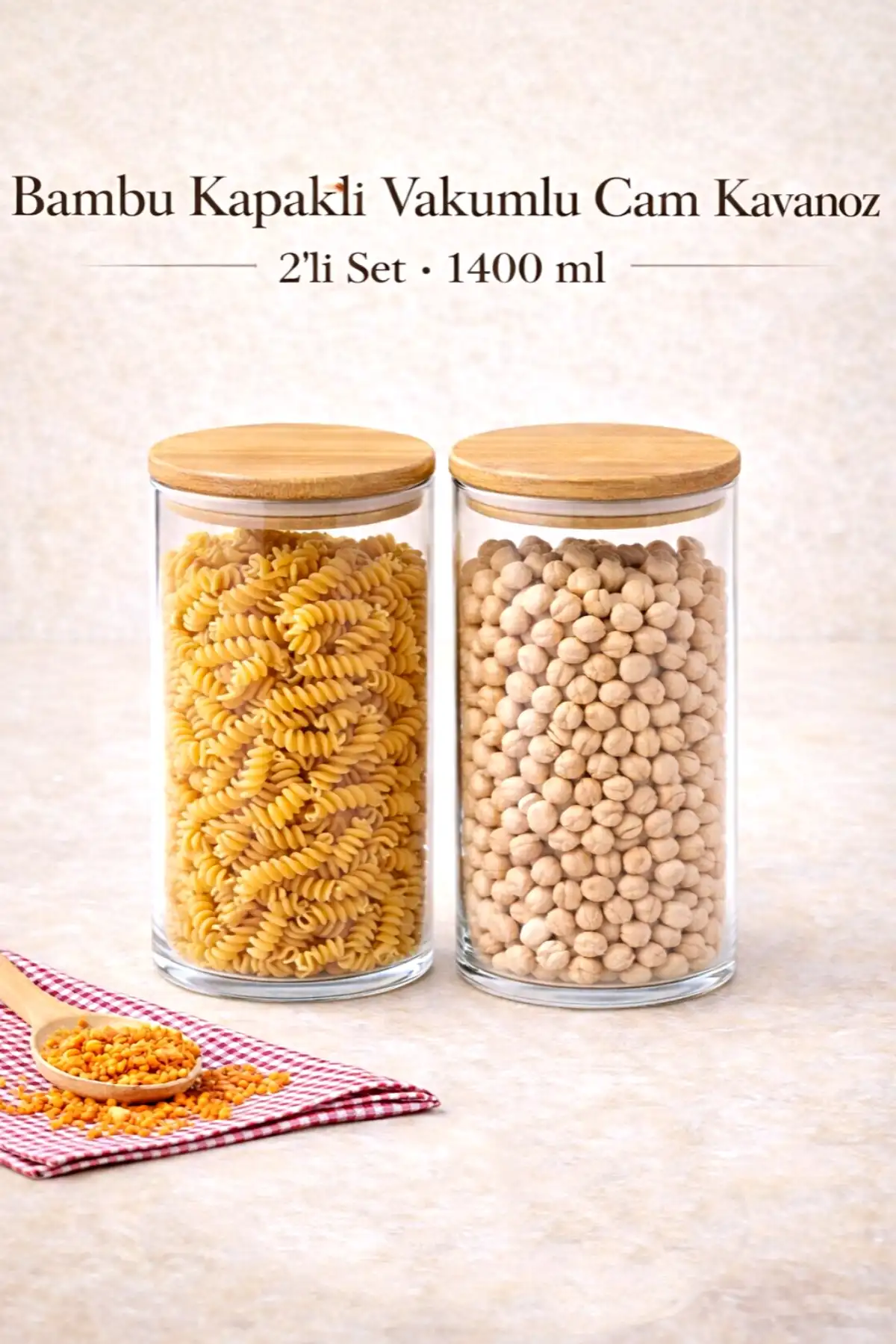 2li Bakliyat Saklama Kabı Bambu Kapaklı Cam Kavanoz Vakumlu Baharatlık Mutfak Organizer Seti