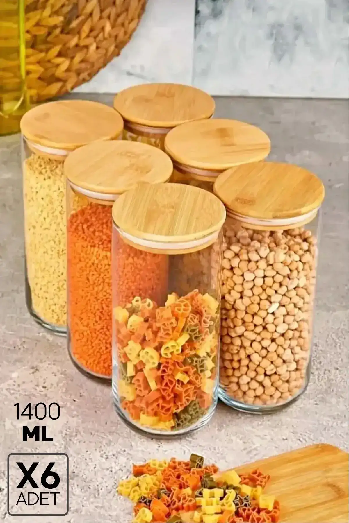 6lı Bakliyat Saklama Kabı Bambu Kapaklı Cam Kavanoz Vakumlu Baharatlık Mutfak Organizer Seti