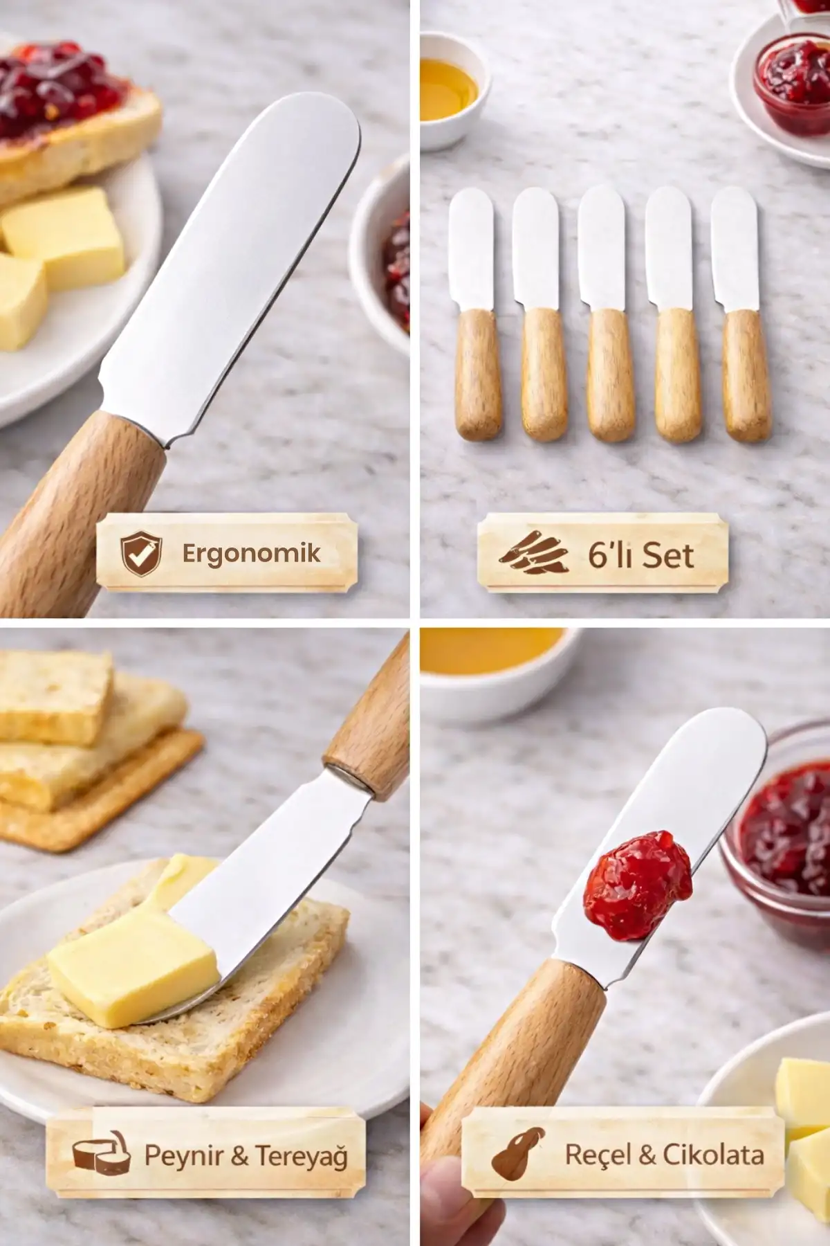 6lı Ahşap Saplı Tereyağı Bıçağı Reçel Çikolata Peynir Sürme Kahvaltılık Sunum Bıçak Seti