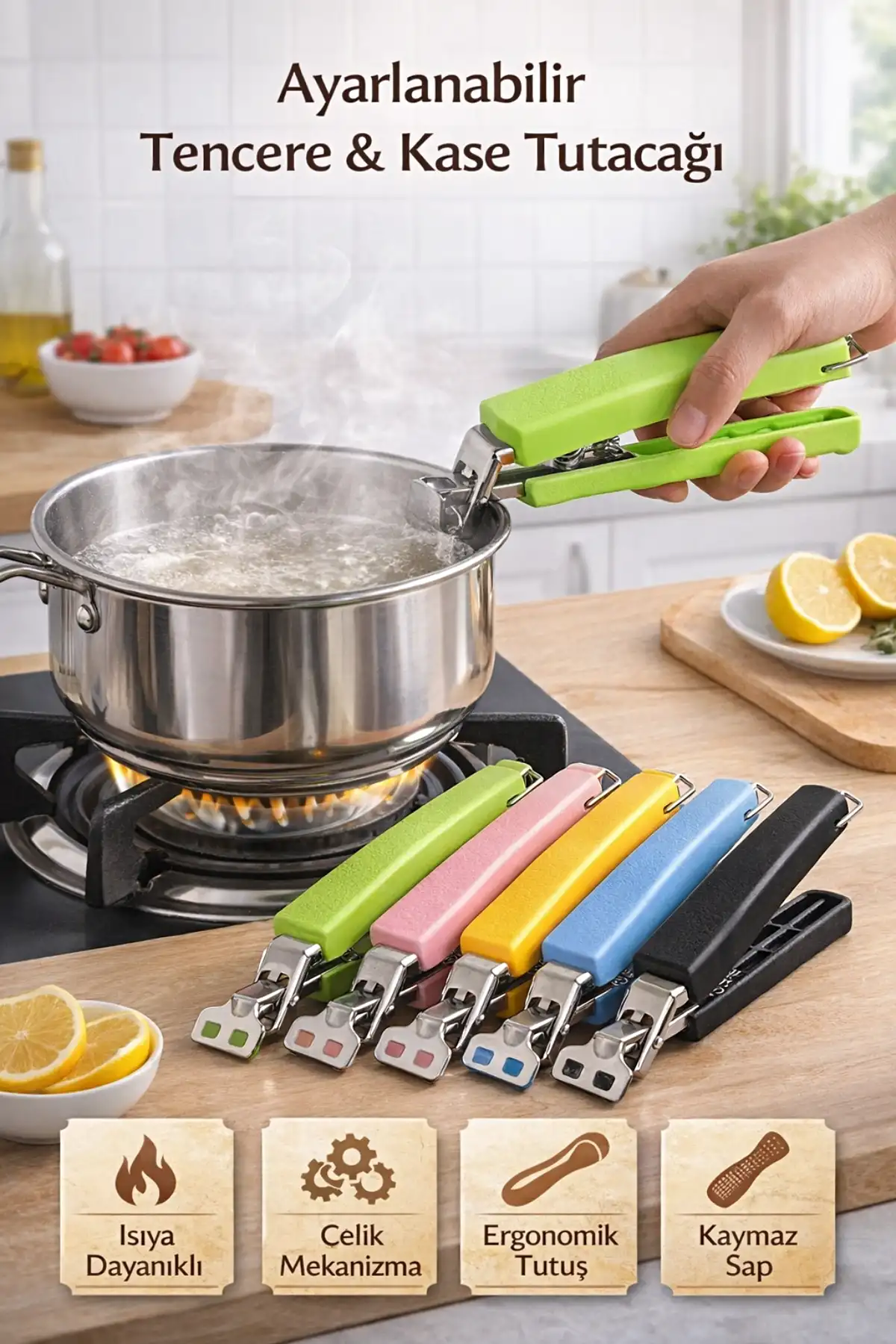 Ayarlanabilir Tencere Tava Tutacağı Sıcak Yemek Kase Tutucu Tepsi Maşa Kolu Çıkarıcı Aparat