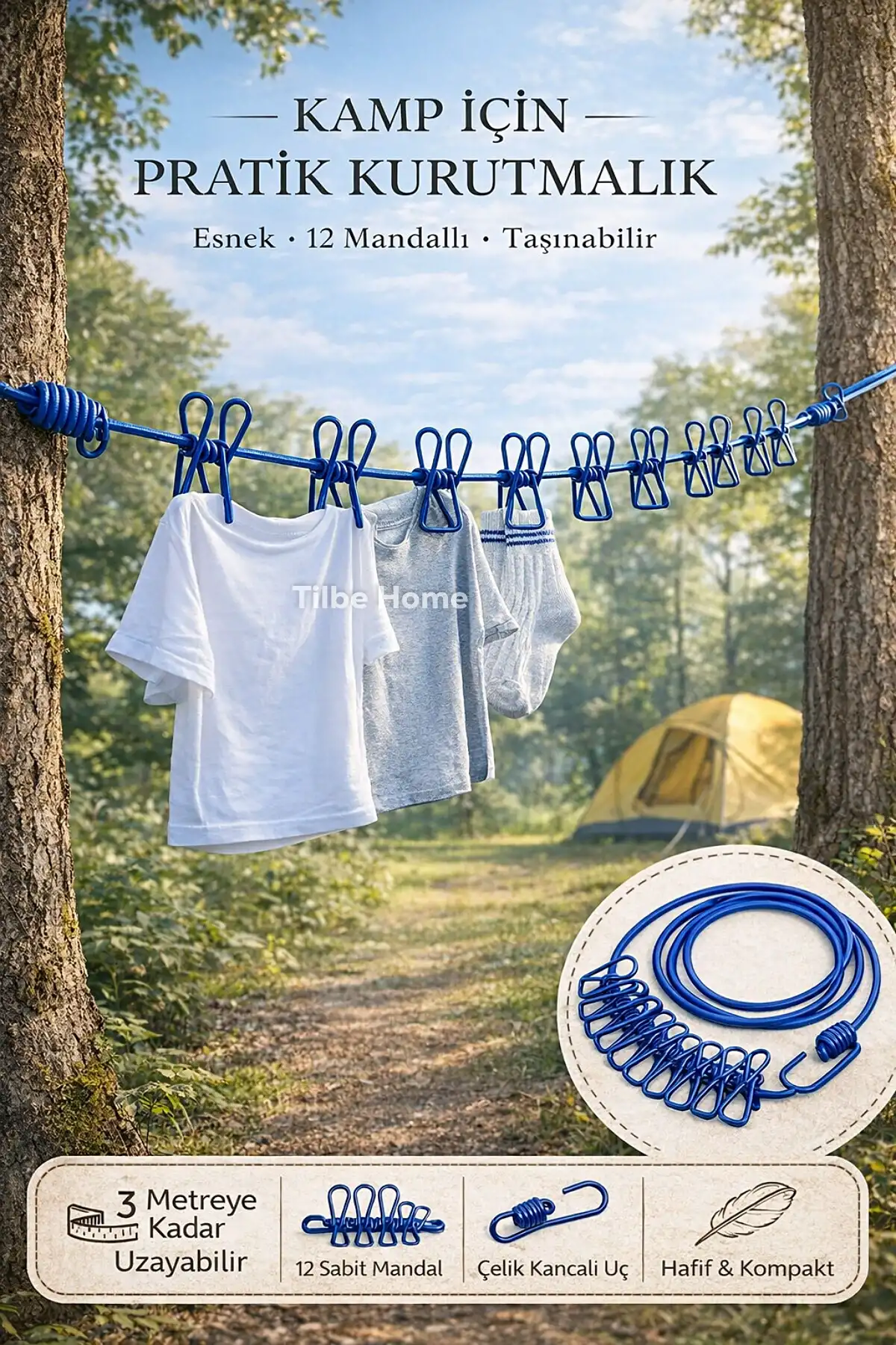 12 Mandallı Kancalı Kamp Çamaşır Asma İpi 1.8-3m Elastik Taşınabilir Balkon Seyahat Kurutma Halatı
