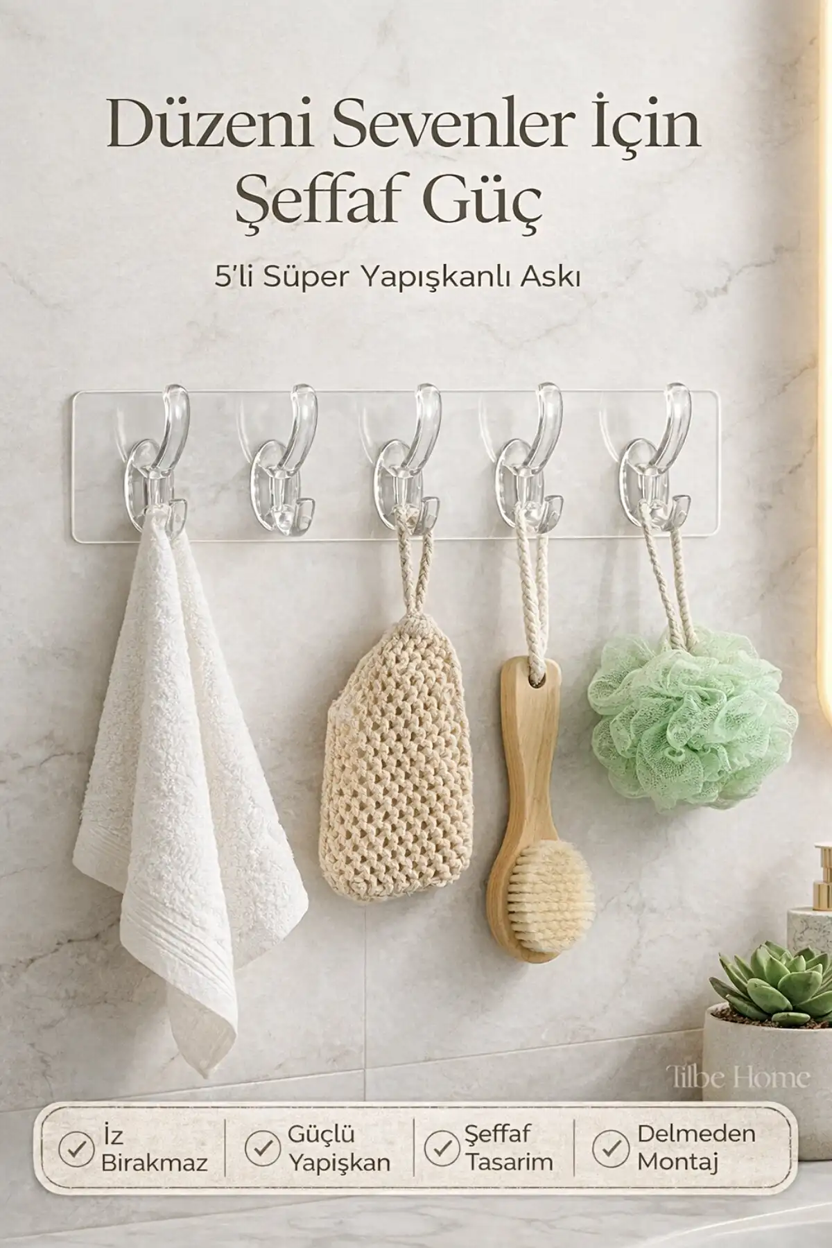 4 Adet Şeffaf Yapışkanlı Duvar Askılığı 5’li Banyo Mutfak Kapı Arkası Havlu Askısı Şeffaf Organizer