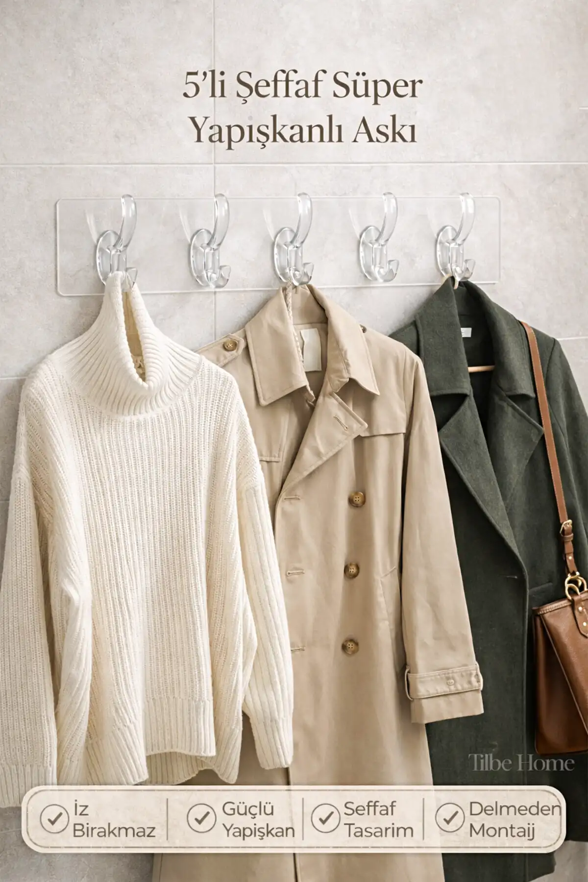 4 Adet Şeffaf Yapışkanlı Duvar Askılığı 5’li Banyo Mutfak Kapı Arkası Havlu Askısı Şeffaf Organizer