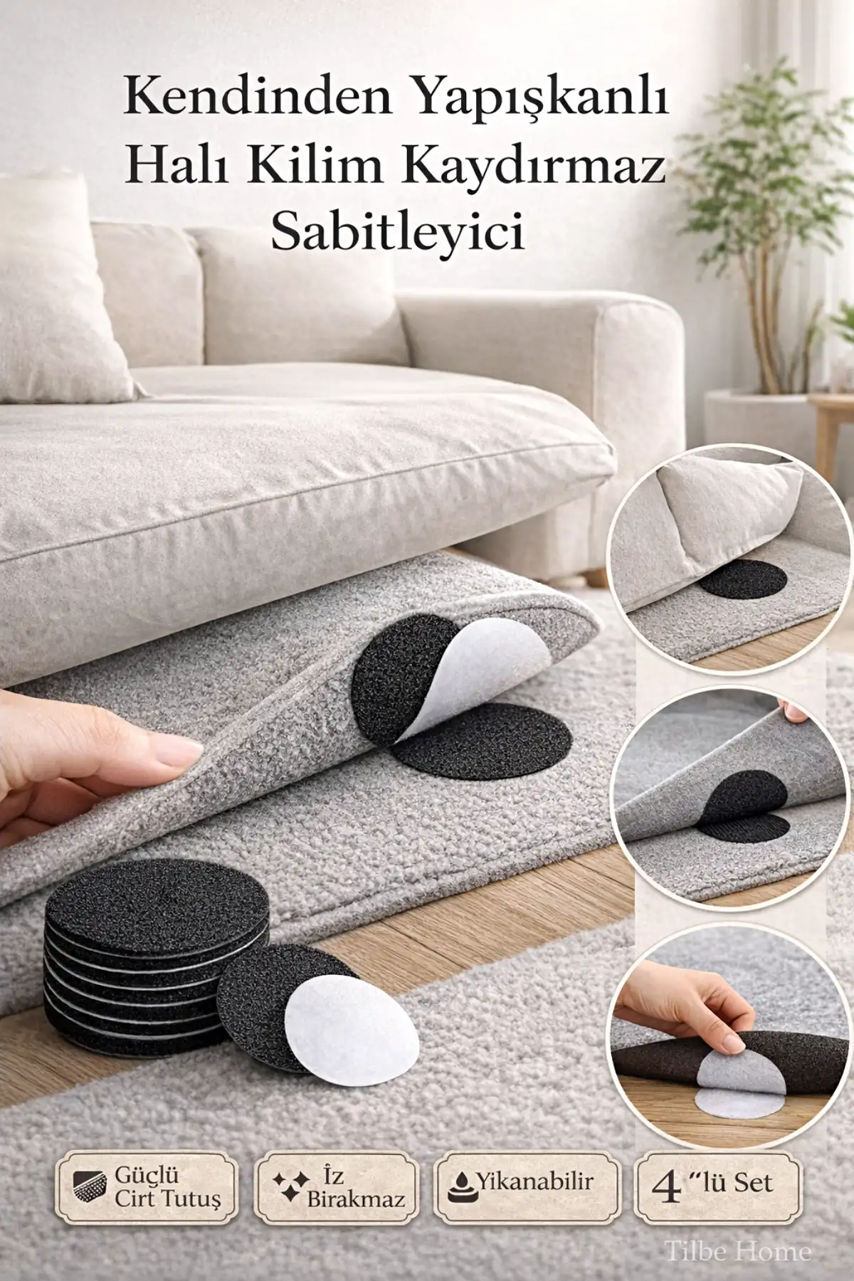 4’lü Kilim Halı Kaydırmaz Sabitleyici Cırt Kendinden Yapışkanlı Koltuk Örtüsü Halı Kayma Önleyici