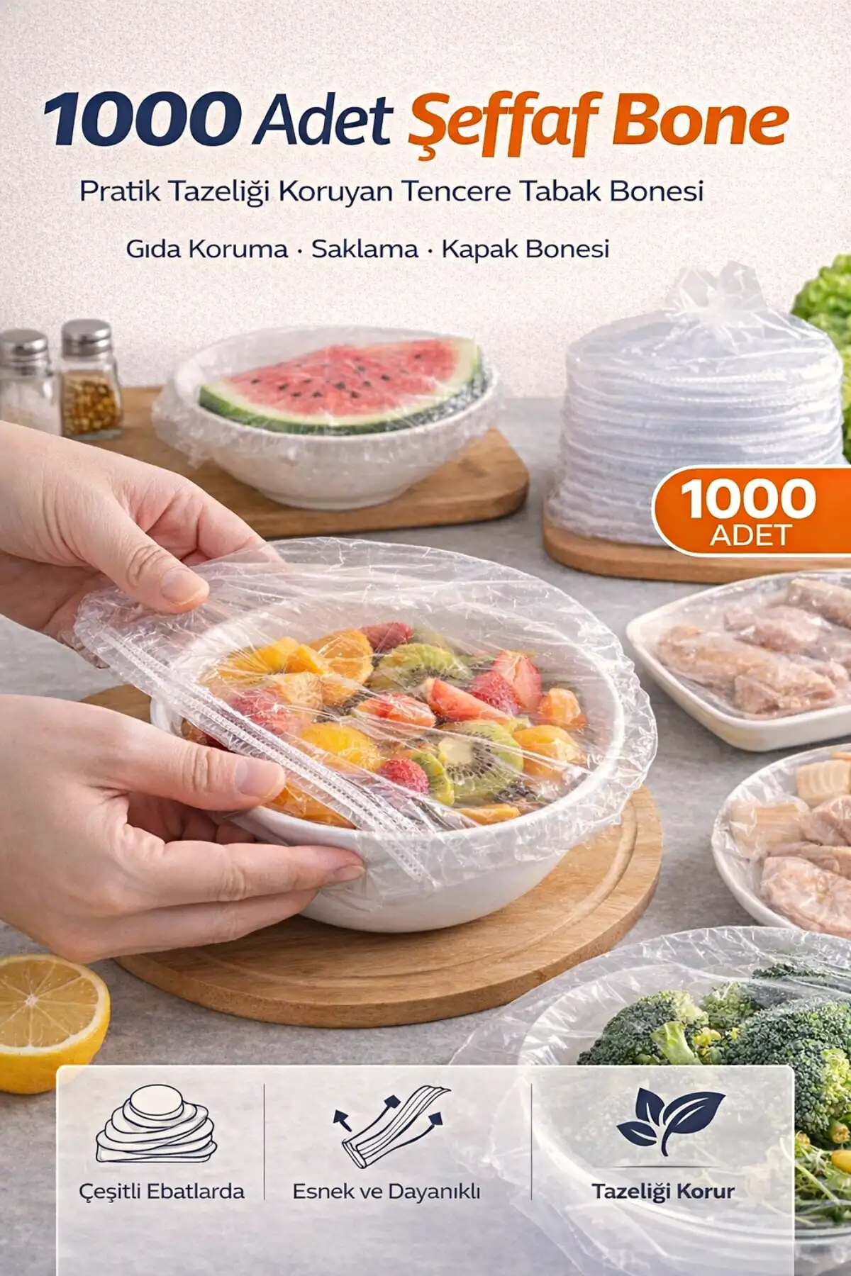 1000 Adet Şeffaf Streç Bone Kapak – Esnek Tencere Tabak Kase Gıda Saklama Bonesi Buzdolabı Koruyucu