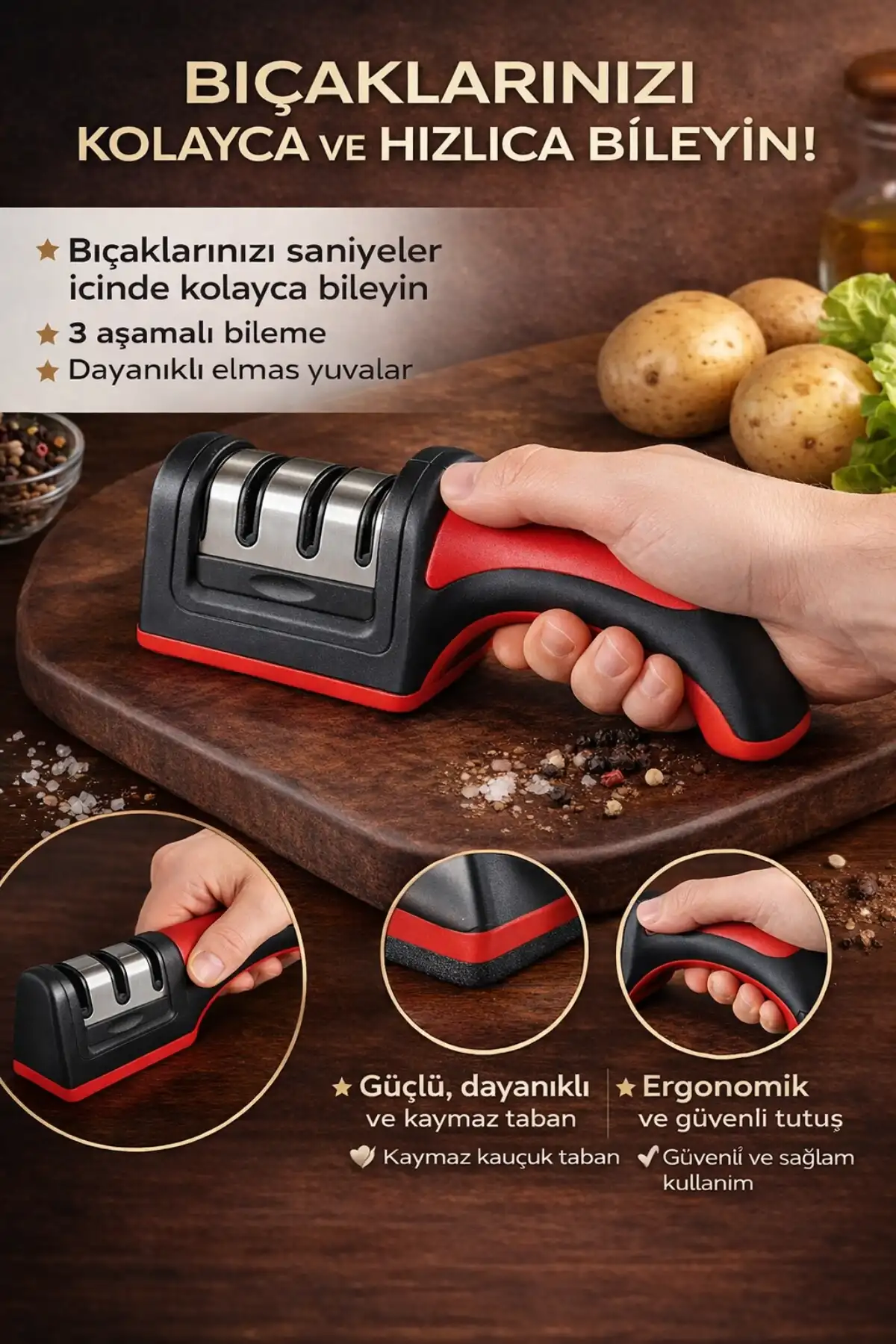 Profesyonel Bıçak Bileyici 3 Aşamalı Elmas Seramik Tungsten Çelik El Bıçakları Bileme Mutfak Aleti