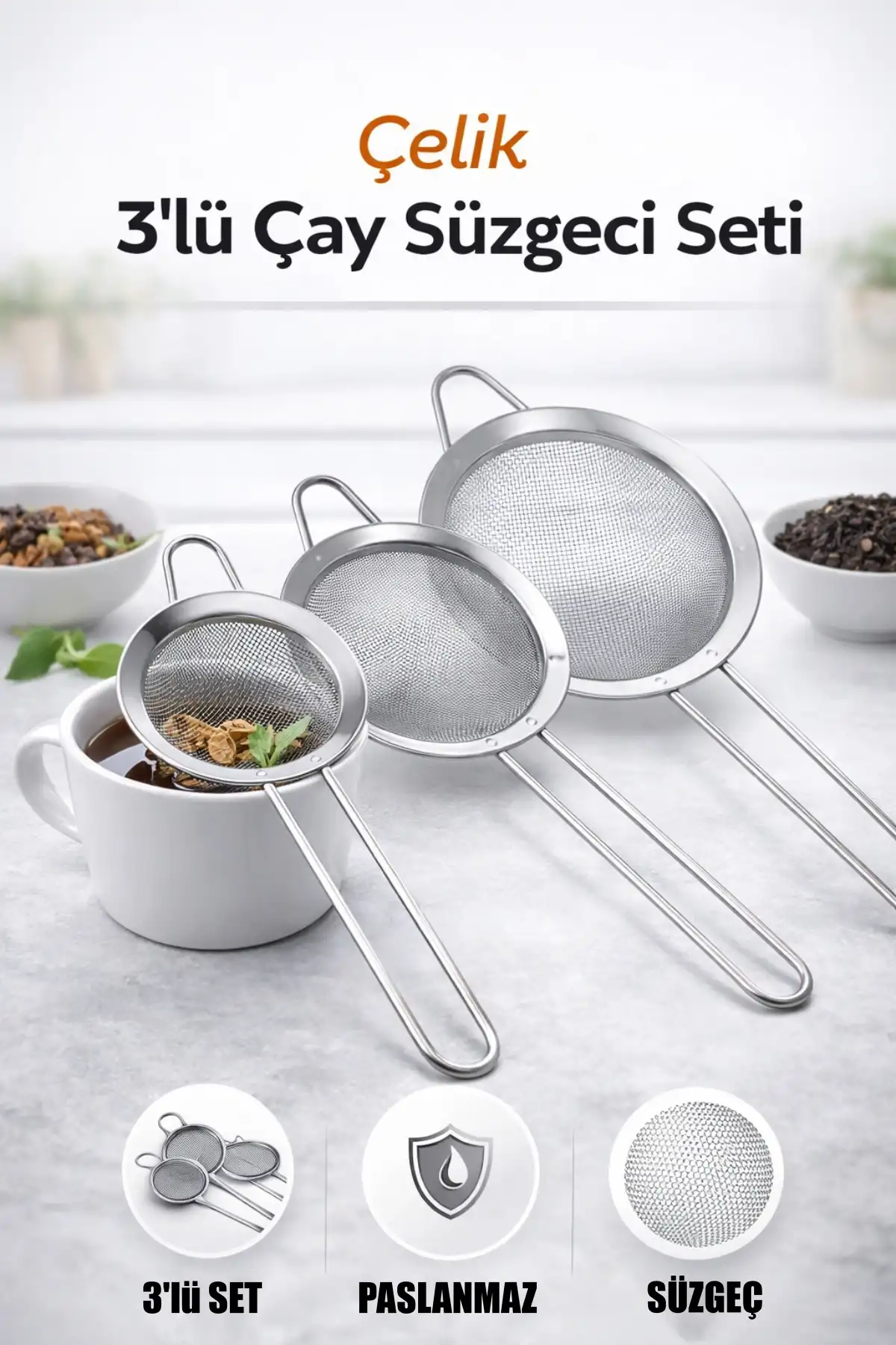 3’lü Paslanmaz Çelik Çay Limon Süzgeci Bitki Çayı Demleme Aparatı Mutfak İnce Tel Çay Süzgeç Seti