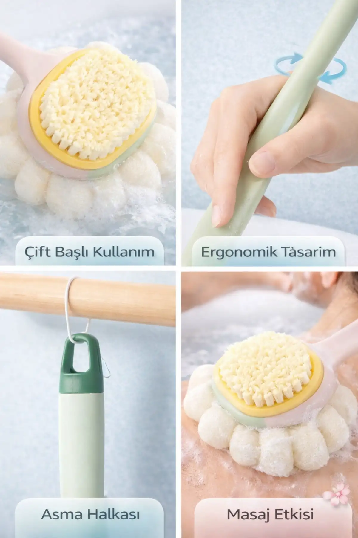 Çift Taraflı Uzun Saplı Sırt Fırçası Duş Lifi Masaj Etkili Banyo Kesesi Banyo Lifi ve Süngeri