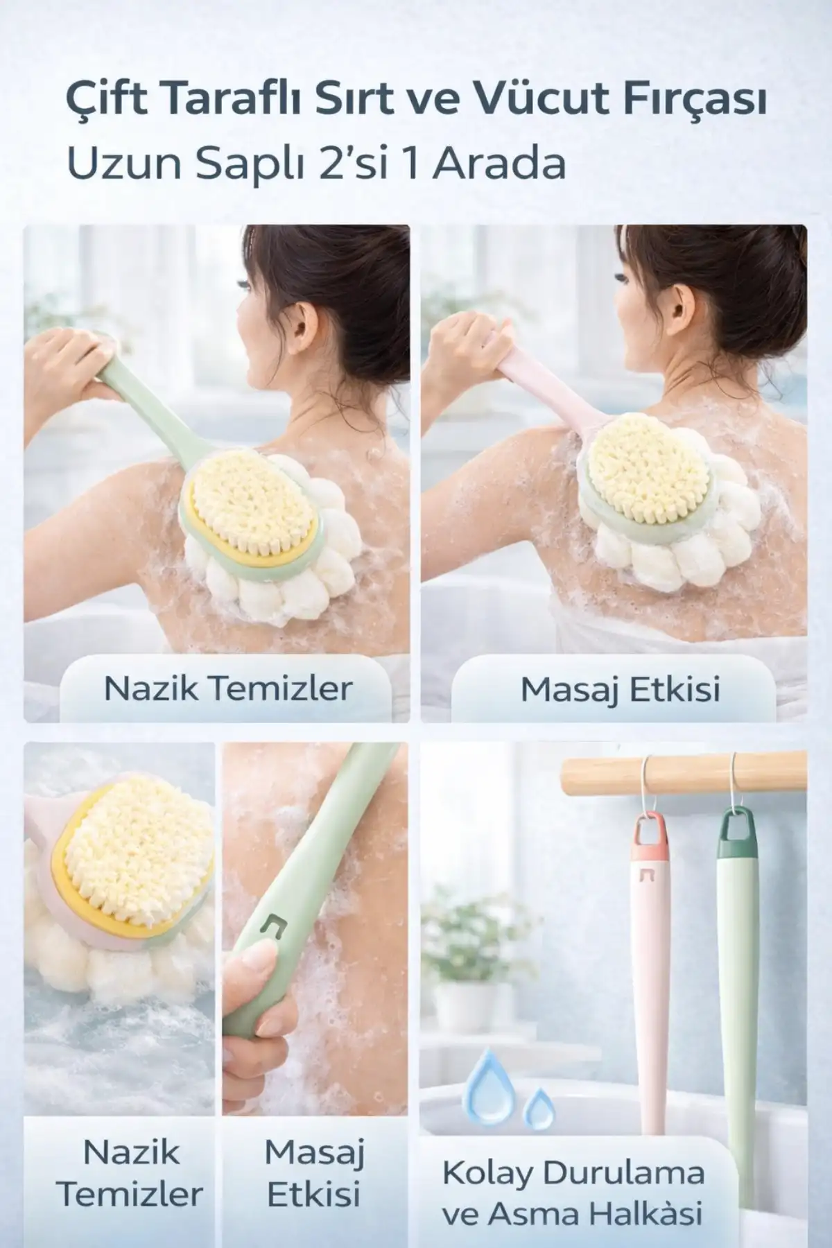 Çift Taraflı Uzun Saplı Sırt Fırçası Duş Lifi Masaj Etkili Banyo Kesesi Banyo Lifi ve Süngeri