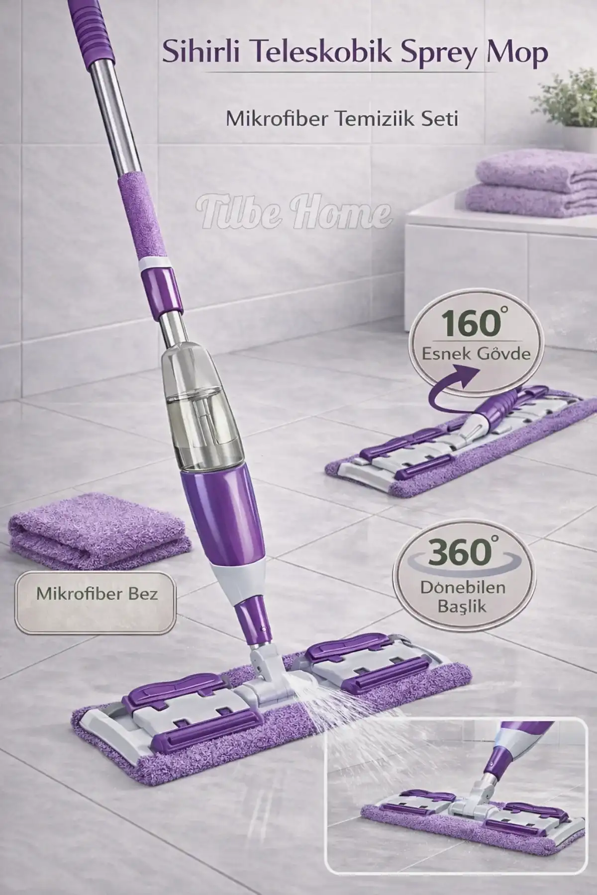 Sihirli Teleskobik Mandallı Sprey Mop Bezli Yer Fayans Duvar Yüzey Temizlik Mikrofiber Paspas