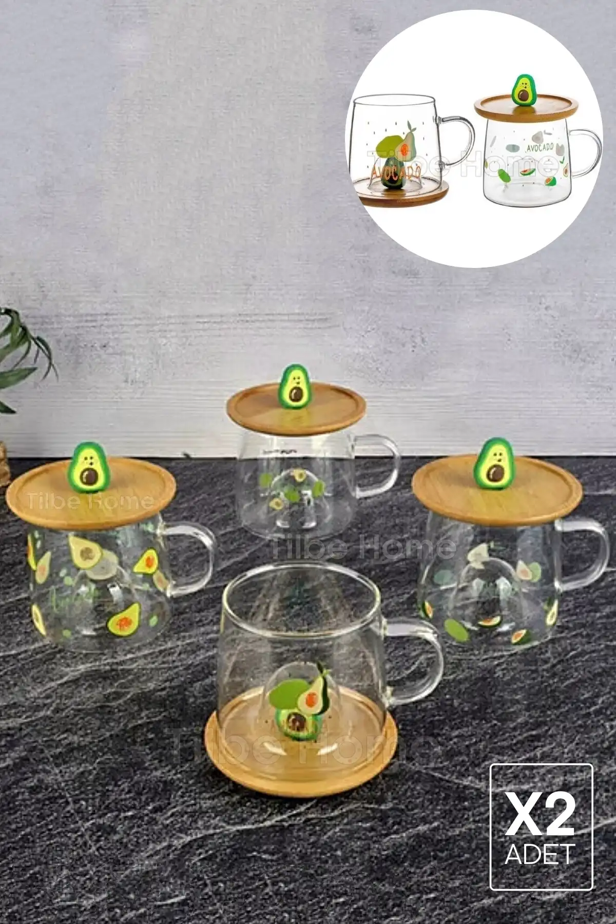 2li Bambu Kapaklı Avakado Meyve Figürlü Cam Bardak Baskılı Meşrubat Kupası Çay Bardağı 280 ml.