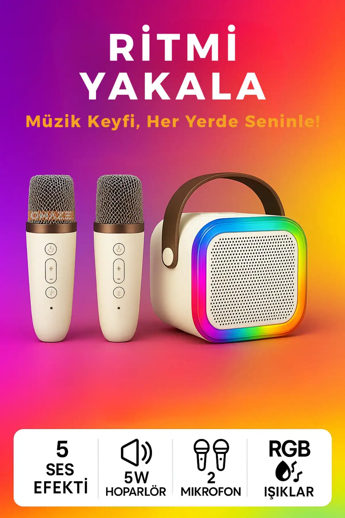 Kablosuz Bluetooth Hoparlör ve Karaoke 2 Mikrofon 5 Ses Efekti RGB HD Ses Bombası USB SD FM Radyo