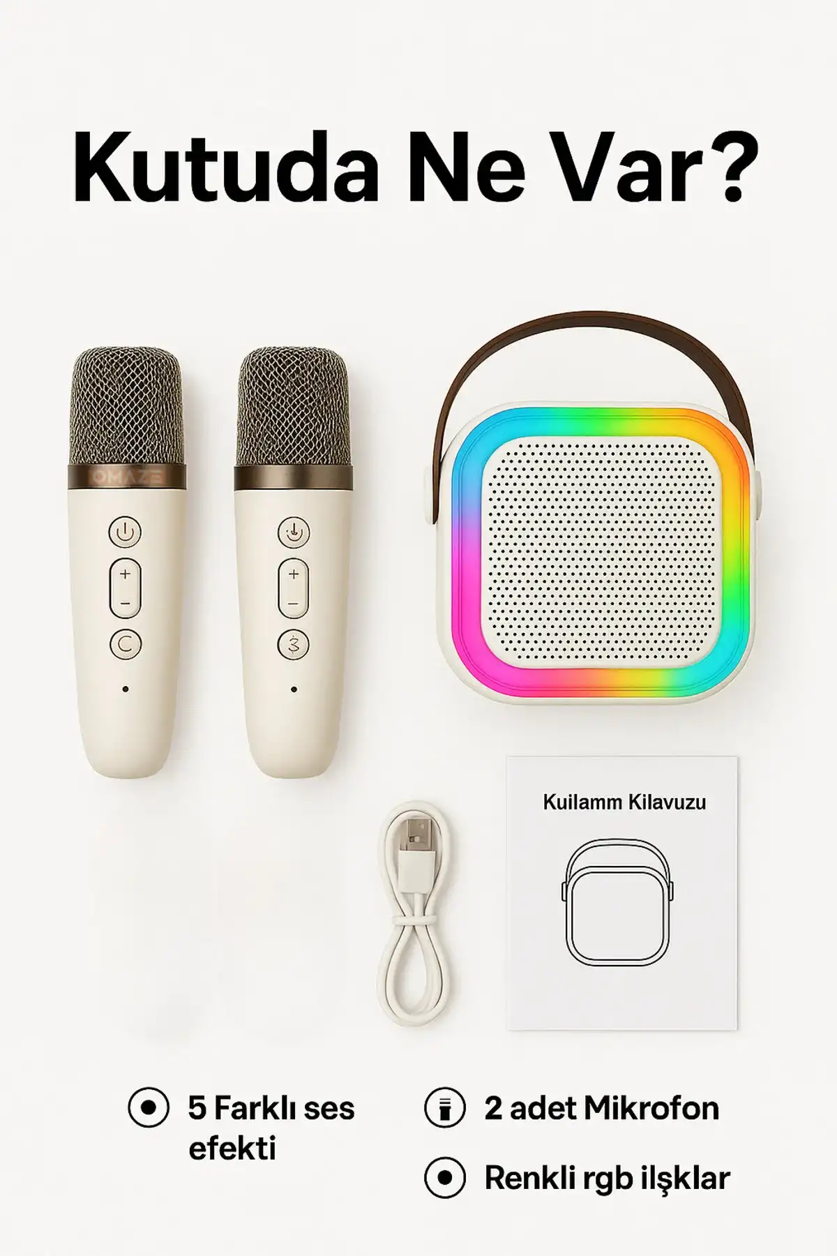 Kablosuz Bluetooth Hoparlör ve Karaoke 2 Mikrofon 5 Ses Efekti RGB HD Ses Bombası USB SD FM Radyo
