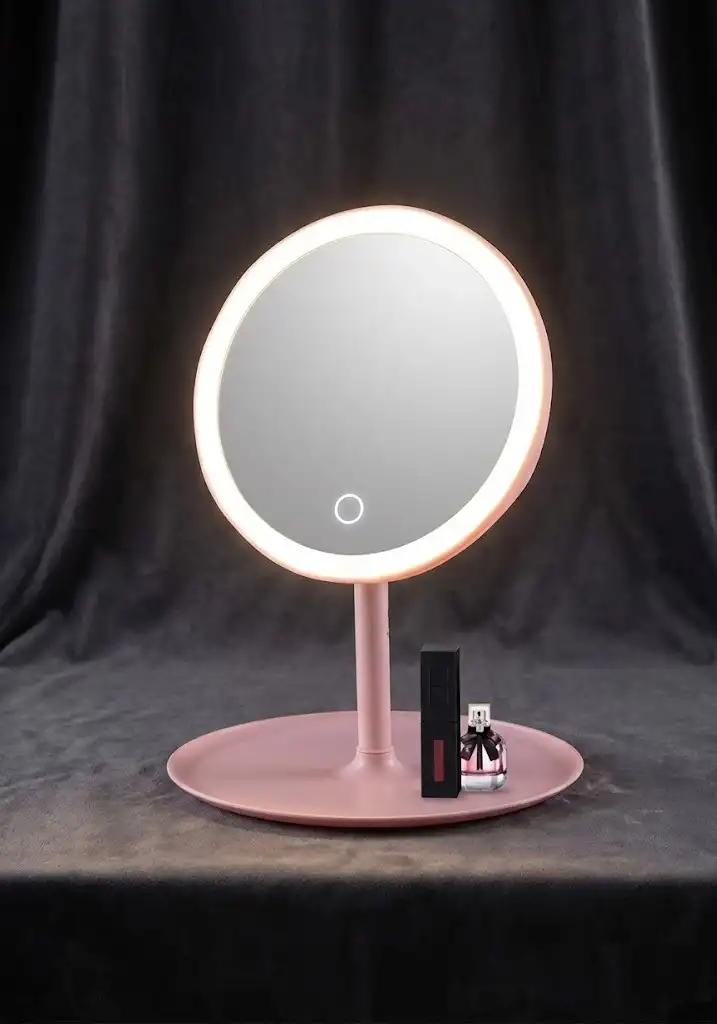 LED Işıklı Dokunmatik USB Masaüstü Oval Makyaj Aynası 3 Renkli Işıklı Still Ayarlanabilir Ayna