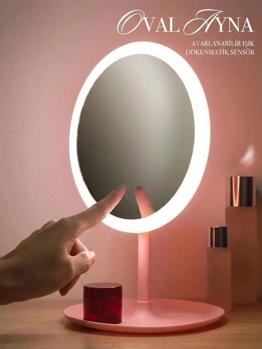 LED Işıklı Dokunmatik USB Masaüstü Oval Makyaj Aynası 3 Renkli Işıklı Still Ayarlanabilir Ayna