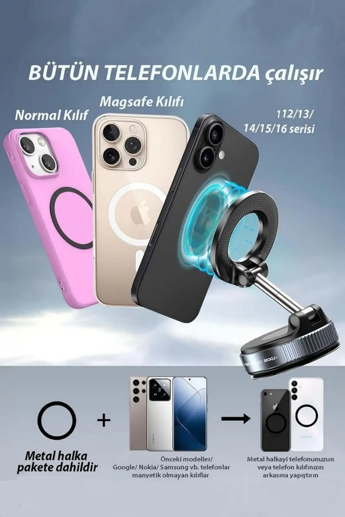 Manyetik Araç İçi Cep Telefonu Tutacağı Cam Torpido Montaj 360° Ayarlanabilir Tutucu Güçlü Vakumlu