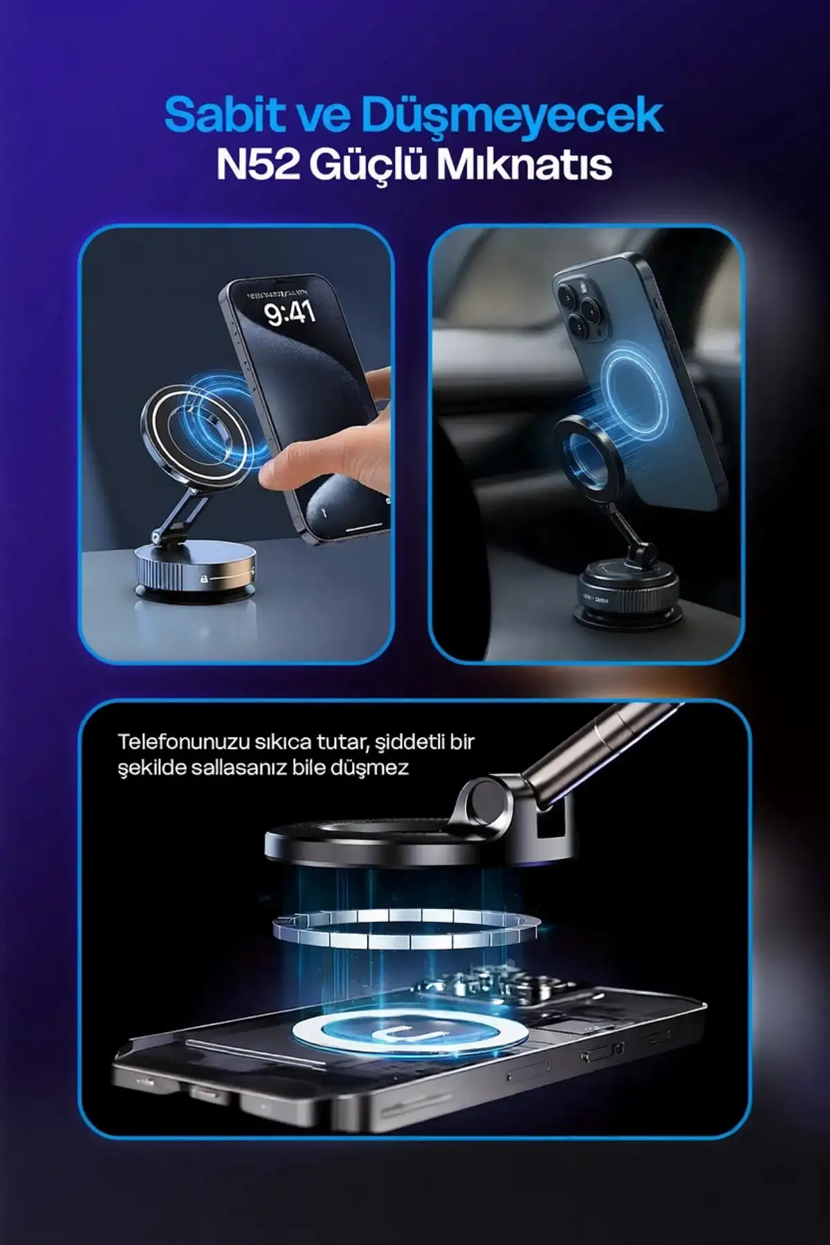 Manyetik Araç İçi Cep Telefonu Tutacağı Cam Torpido Montaj 360° Ayarlanabilir Tutucu Güçlü Vakumlu