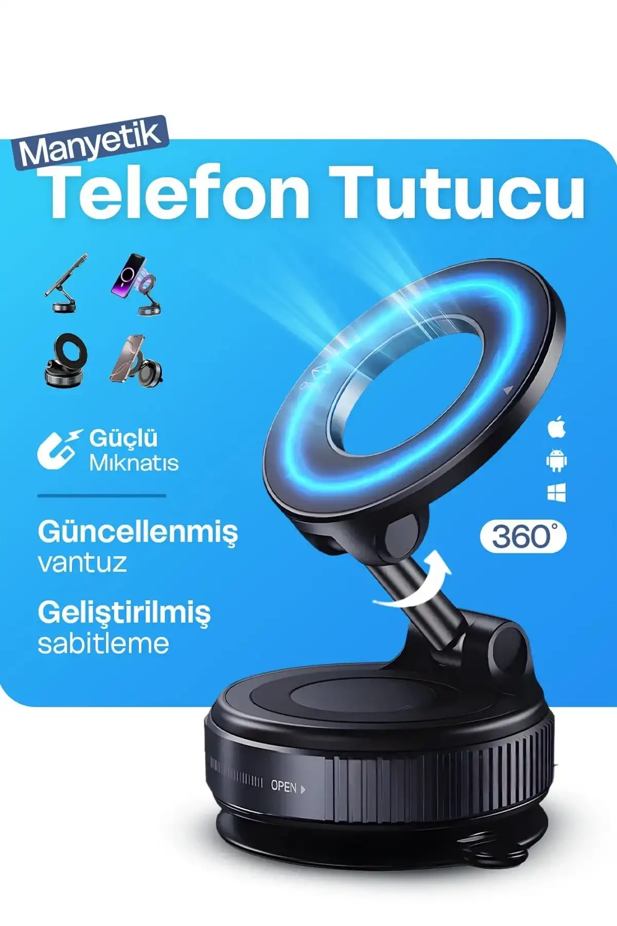 Manyetik Araç İçi Cep Telefonu Tutacağı Cam Torpido Montaj 360° Ayarlanabilir Tutucu Güçlü Vakumlu