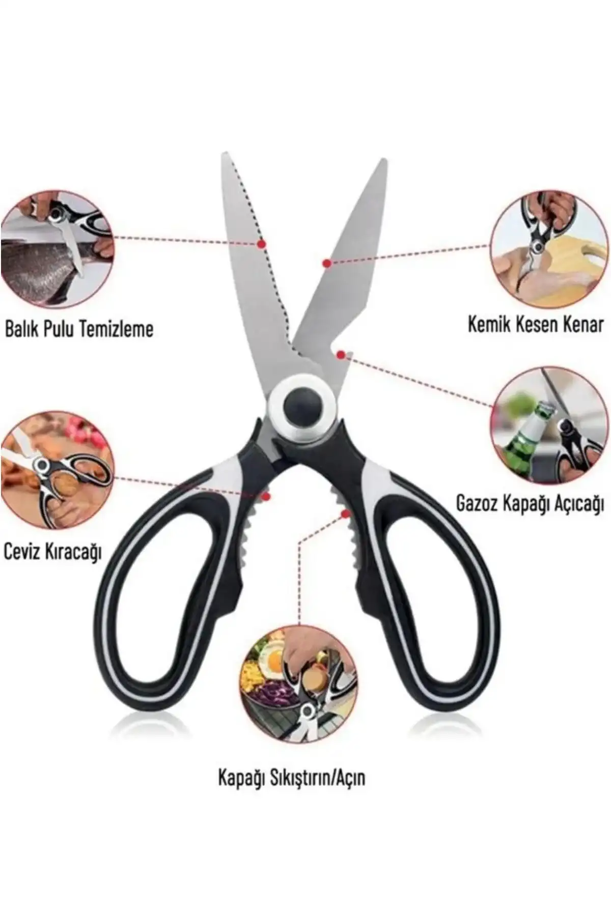Paslanmaz Çelik Mutfak Makası Çok Fonksiyonlu Ultra Keskin Et Sebze Kesme Kapak Açıcı Ceviz Kırıcı