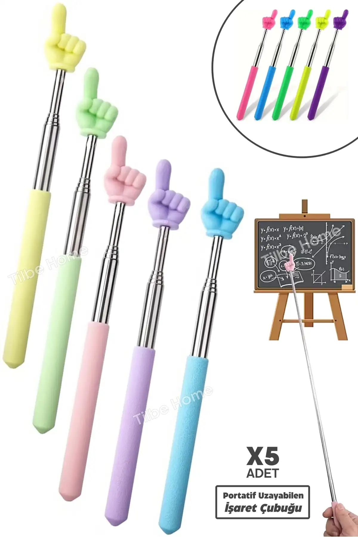 5 Adet Portatif Uzayabilir Sevimli Parmak Öğretmen İşaret Tahta Çubuğu Teleskopik Çubuk 20cm 67cm