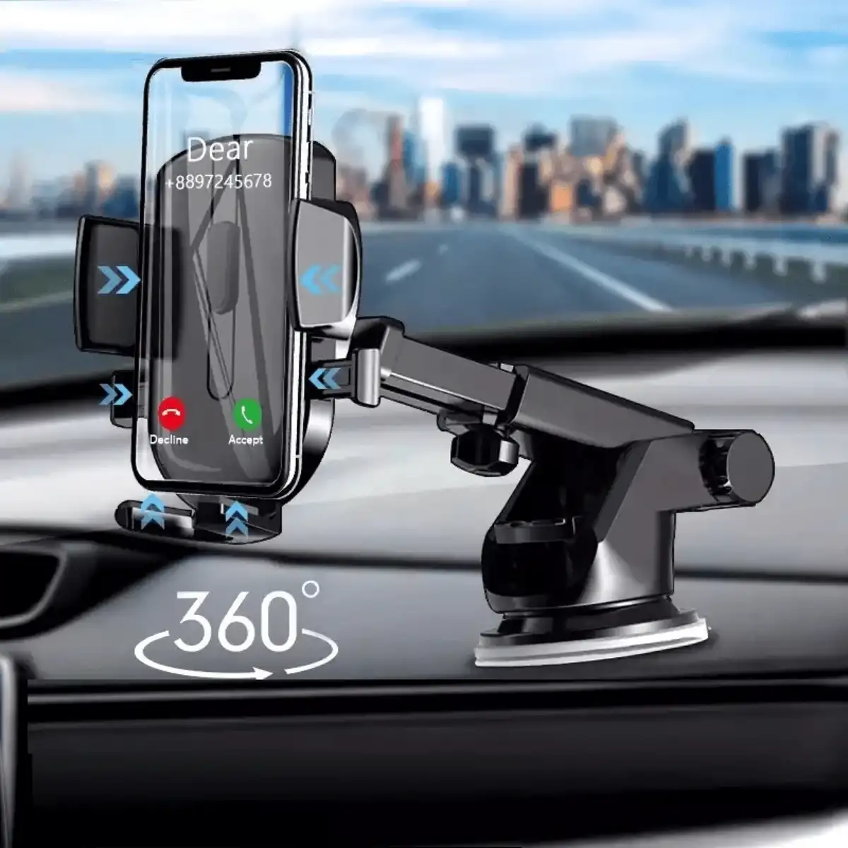 Uzayabilen Teleskopik Uzatmalı Araç İçi Telefon Tutucu Vantuzlu Cam Torpido Montaj 360° Kıskaçlı