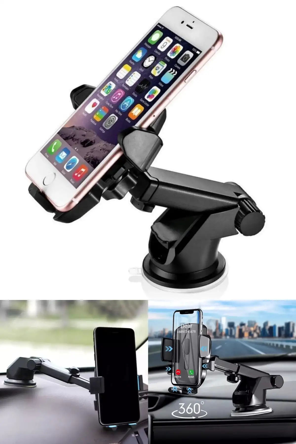 Uzayabilen Teleskopik Uzatmalı Araç İçi Telefon Tutucu Vantuzlu Cam Torpido Montaj 360° Kıskaçlı