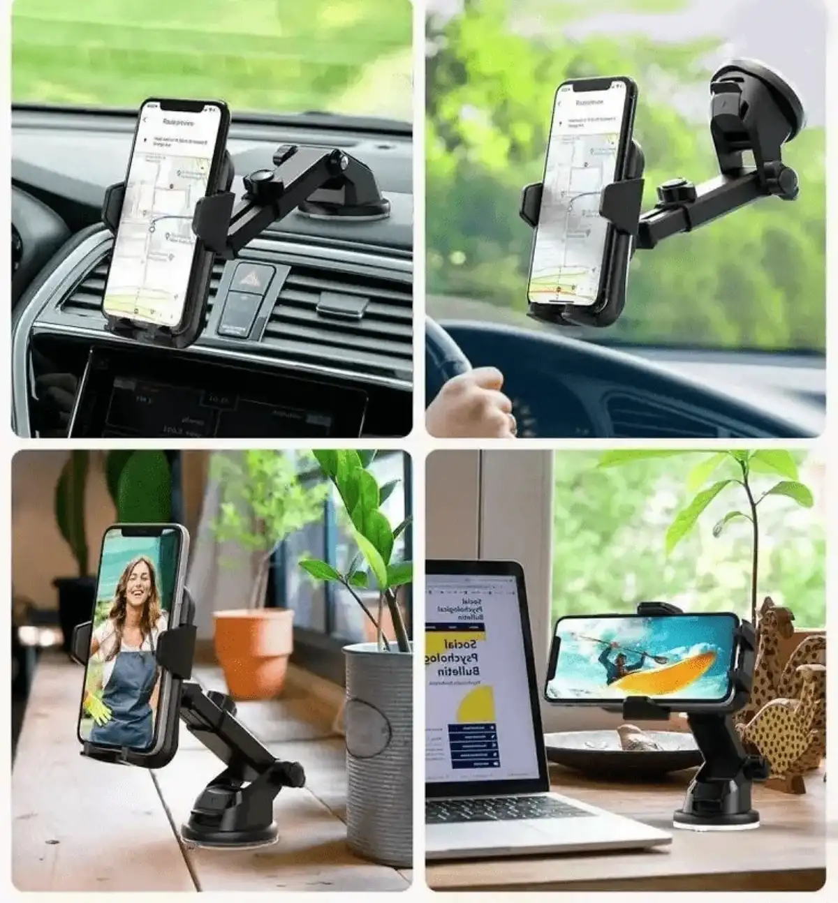 Uzayabilen Teleskopik Uzatmalı Araç İçi Telefon Tutucu Vantuzlu Cam Torpido Montaj 360° Kıskaçlı