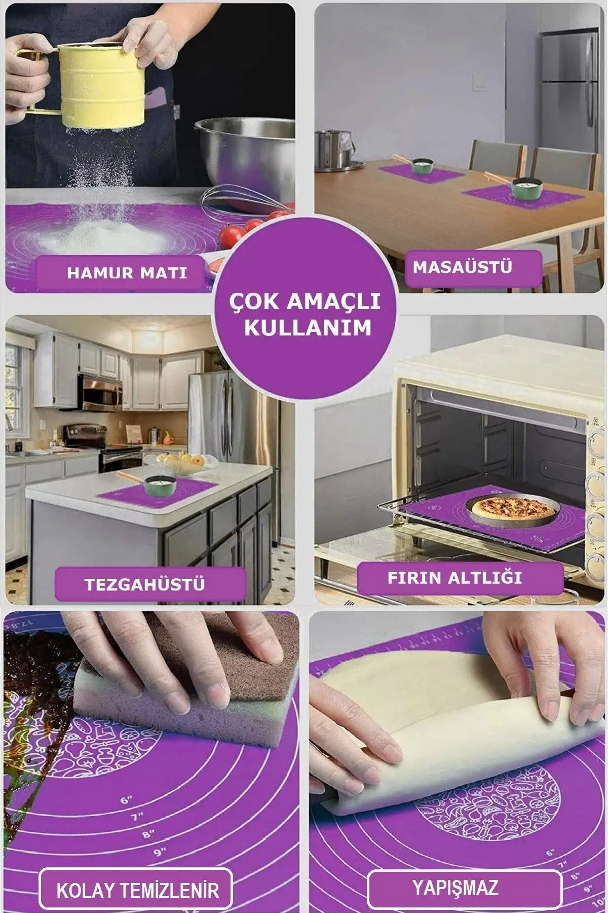 Silikon Hamur Matı Hamur Açma Pasta Fırın Altlığı Matı Ölçülü Hamur Yoğurma Mor Büyük Boy 65X45