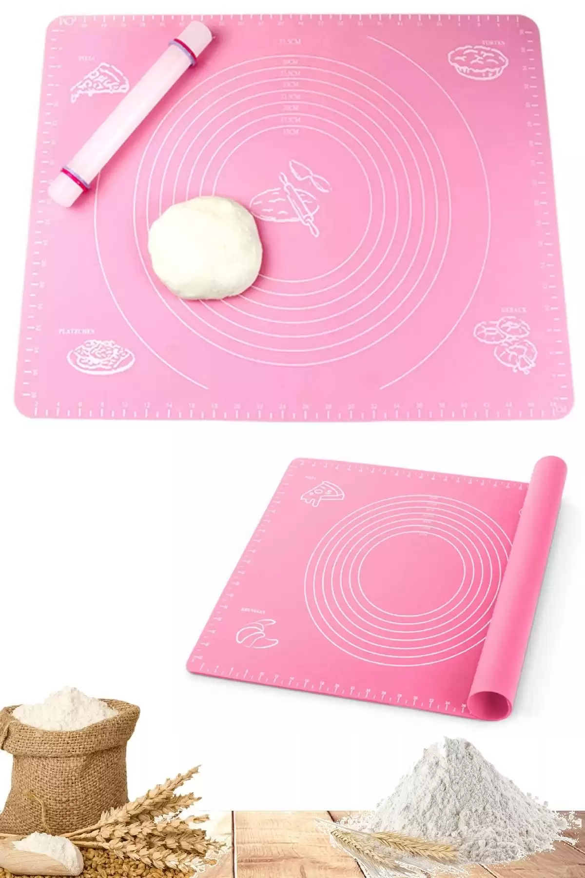 Silikon Hamur Matı Hamur Açma Pasta Fırın Altlığı Matı Ölçülü Hamur Yoğurma Pembe Büyük Boy 65X45
