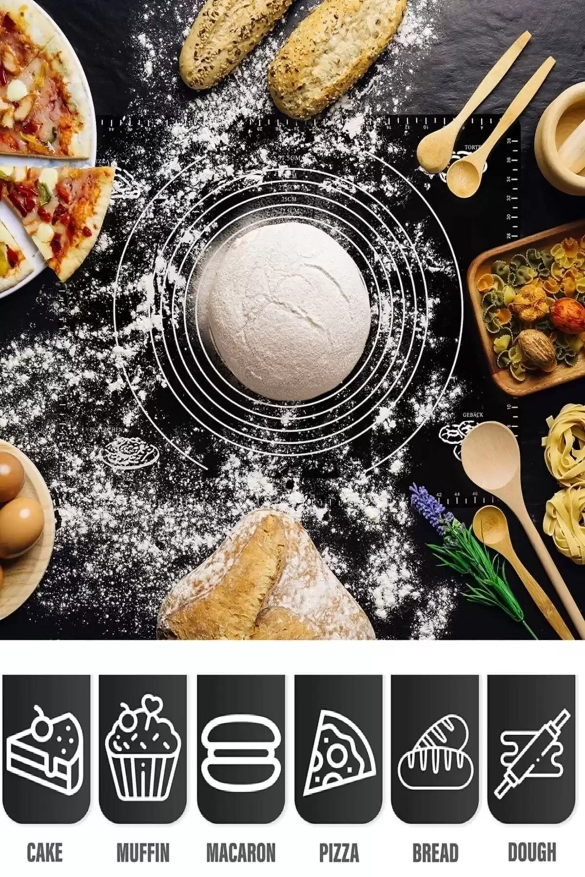 Silikon Hamur Matı Hamur Açma Pasta Fırın Altlığı Matı Ölçülü Hamur Yoğurma Siyah Büyük Boy 65X45